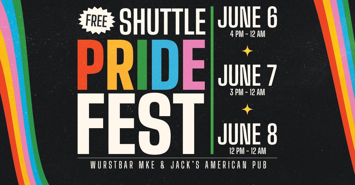 Bradystreetmke's tweet image. 🏳️‍🌈 Free Ride to Pride! 🏳️‍🌈

Jack's American Pub and Wurstbar MKE are offering FREE shuttles to Pride on June 6 - 8! 

🍻 Grab a drink
🚌 Jump on a shuttle
🌈 Celebrate
🗓 Thursday - Saturday

Pride safe 😘

#Pride #MKE #FreeRide #BradyStreet #Milwaukee #FreeShuttle