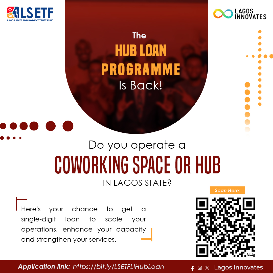 We have good news for all coworking space and hub operators in Lagos State.

The Lagos Innovates Hub Loan Programme is back to support you with the funding you need to take your enterprises to the next level! ​
​
Visit bit.ly/LSETFLIHubLoan to apply.

#LagosInnovates