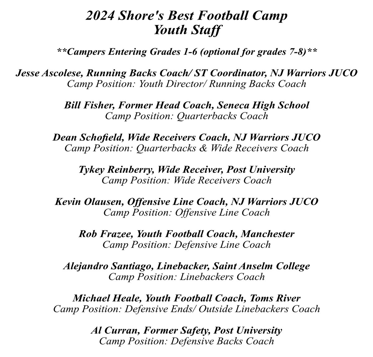 Staff Announced for the 2024 Shore's Best Youth Camp. MORE → njfootballcamp.com/2024youthstaff

<a href="/Schof42/">Coach Dean Schofield</a> <a href="/TykeyR/">Tykey N. Reinberry™</a> <a href="/kevinolausen/">Coach Kevin Olausen</a> <a href="/robfrazee/">Rob Frazee</a> <a href="/AldoLSantiago/">Alejandro Santiago</a> <a href="/AlbertjCurran/">Albert Curran IV</a> <a href="/coachjesse8254/">Jesse Ascolese</a> <a href="/jagsayf/">Jackson_JagsAYF</a>
<a href="/HawksYfc/">ManchesterHawksYFC</a>