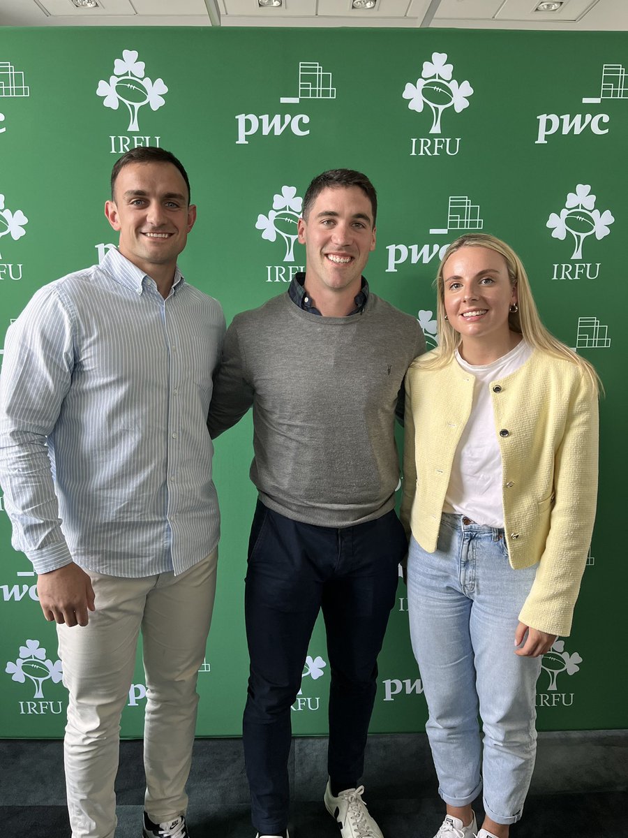 PwCIreland's tweet photo. It was fantastic to hear from a brilliant lineup of speakers on the Sports &amp; Business panel at our PwC Development Day for the @IrishRugby U20s featuring:

🌟 Emma Cleary
🌟 Sean Finn
🌟 Barry Walsh

#FutureIsGreen https://t.co/wGtcsSitfG