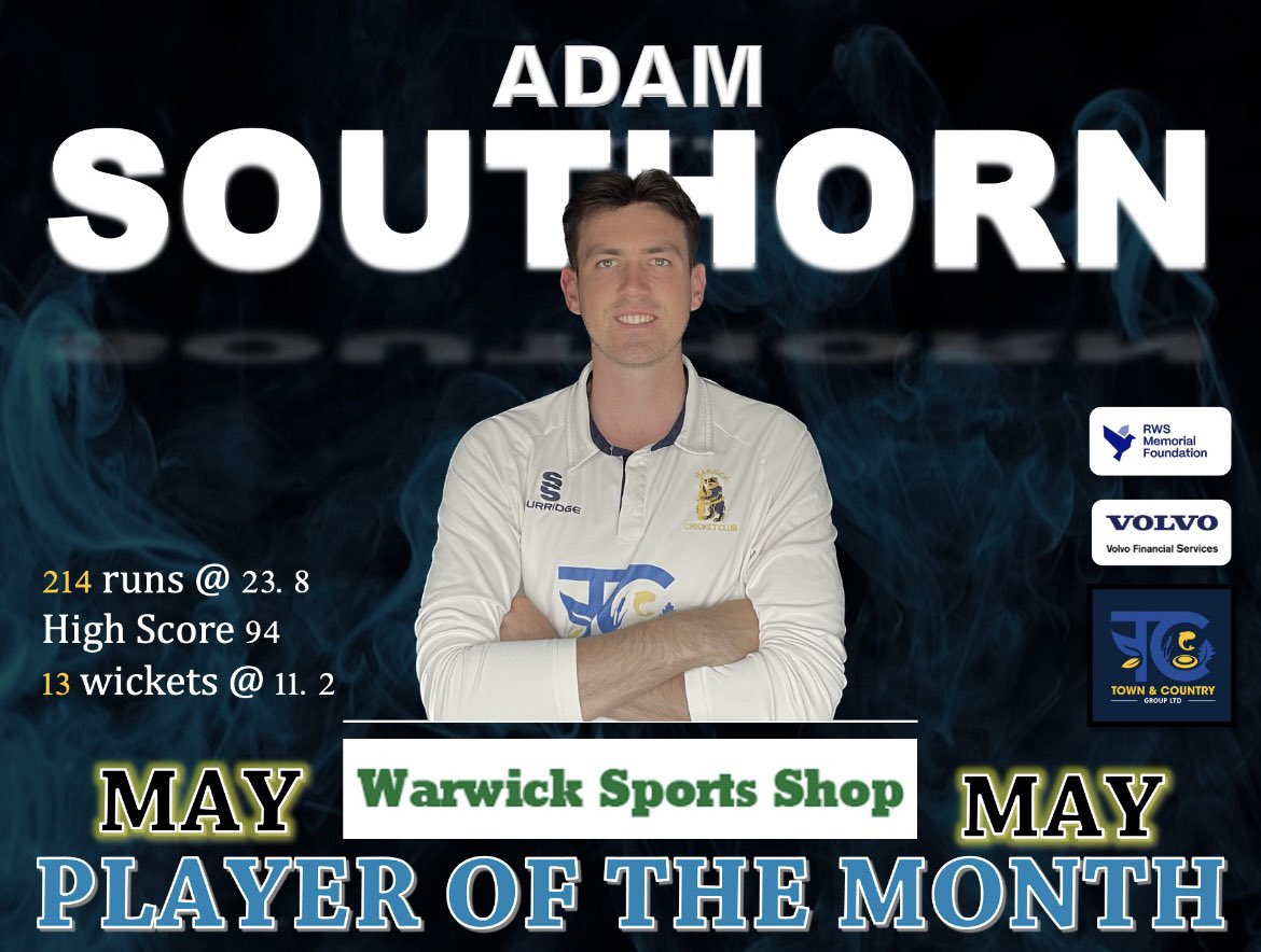 Warwick_Cricket's tweet photo. ‘Warwick Sports Shop’ PLAYER OF THE MONTH 🤩

We’re back with the first #POTM of the season! The winner for May is Adam Southorn, who has made an impact with both bat and ball💪

This year the winner of each award will win a £25 voucher to spend in the shop!

#POTM #WCC #Cricket https://t.co/WY5YmF12h0