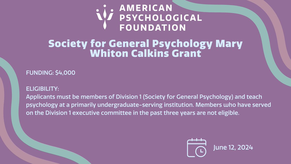 DEADLINE APPROACHING for the @APADivision1 Mary Whiton Calkins Grant!🚀
This program supports faculty who teach at primarily undergraduate-serving institutions, and who identify undergraduate education as their primary focus. ow.ly/BkzR50RJIEs