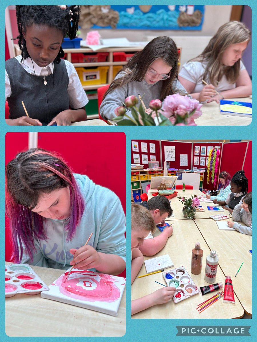 pippin2000's tweet photo. Finishing off key pieces for the art show in two weeks time. Miss Smith is in total awe at this groups fine paint brush technique 🌸🌺🌷🌹
@drumparkprimary @DrumparkHive https://t.co/fngaAXgj6G