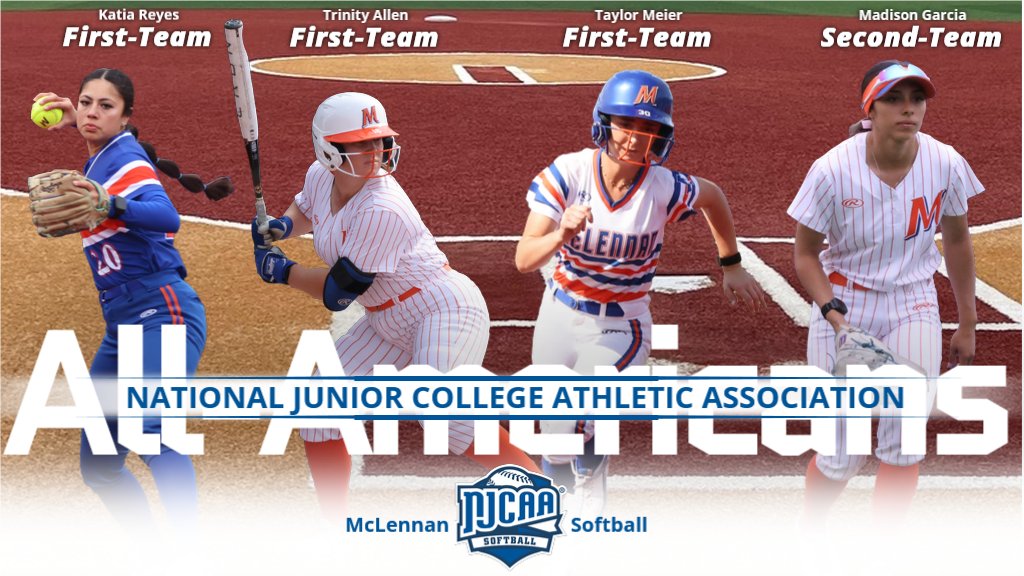 McLennanSports's tweet photo. Congratulations to our four NJCAA Division I Softball All-Americans!
Katia Reyes ~ First-Team Pitcher
Trinity Allen ~ First-Team Infielder
Taylor Meier ~ First-Team Outfielder
Madison Garcia ~ Second-Team Outfielder
#GoLanders #ContinuingTheLegacy https://t.co/DkJ5mMbLA7