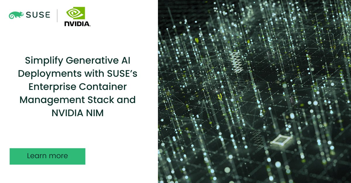 💡<a href="/SUSE/">SUSE</a>’s #RancherPrime, Rancher Kubernetes Engine 2, Longhorn &amp; #NeuVectorPrime, with <a href="/nvidia/">NVIDIA</a> NIM inference microservices, enables customers to accelerate adoption of #GenAI with faster development cycles, efficient resource utilization &amp; easier scaling.👉okt.to/W2DgAd