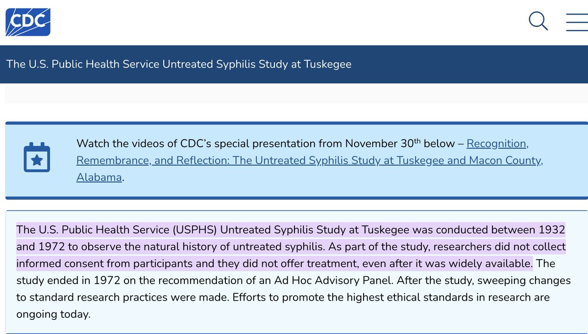 mgt talking about syphilis - reference the tuskegee experiment
the cdc categorize it as 'consensual'
when all records from the black community says otherwise