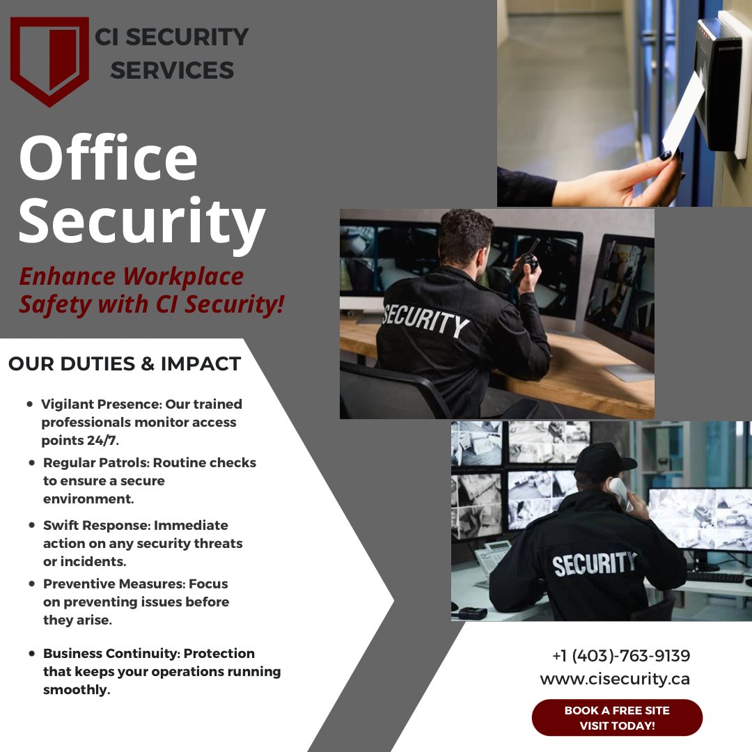 CISECURITYSER's tweet image. Ensure the safety and security of your office with CI Security. Ready to experience the peace of mind that comes with knowing your office is secure? Visit our website to book a FREE site visit today! 

#cisecurity #securityguard #securityservices
