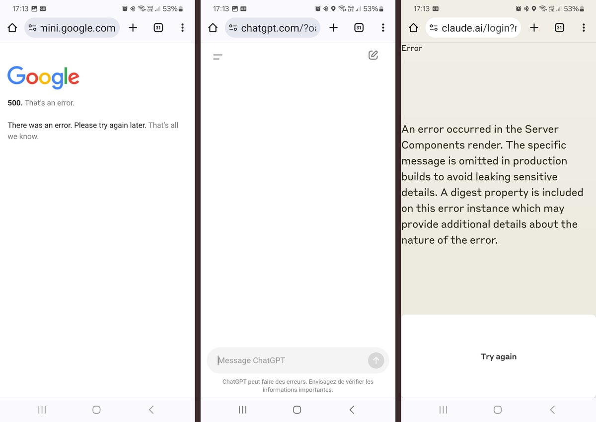 Il se passe un truc étrange dans le monde des #IA.... #ChatGPT, #Gemini de Google et #ClaudeAI sont tous les 3 en panne 🤔#Skynet #AI