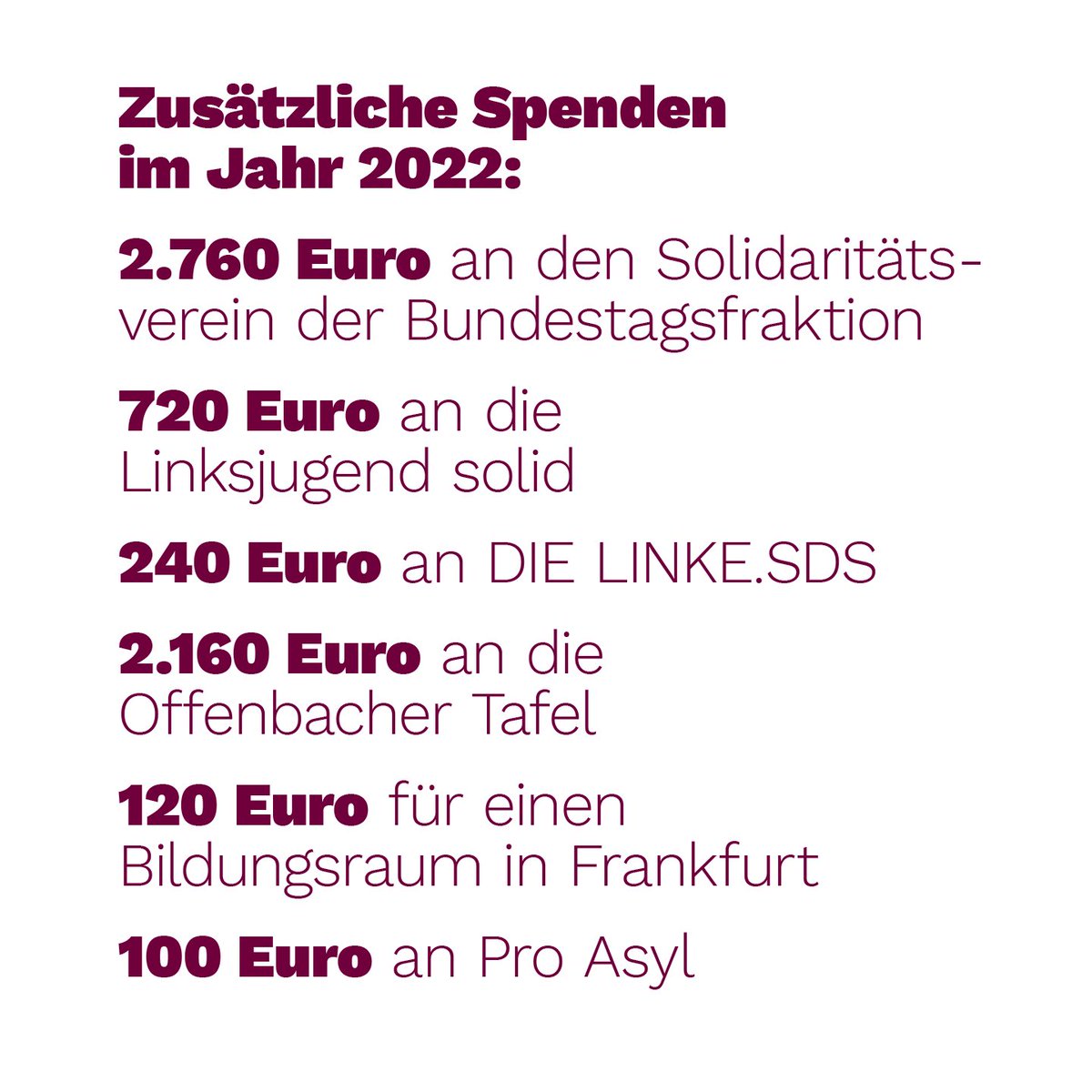 Ich lege meine Einnahmen und Spenden offen.

Im Jahr 2022 habe ich
39.765 Euro aus meinen Diäten gespendet und hatte somit (abzüglich Steuern, Sozialversicherung, Mandatsträgerabgaben und Spenden) ein verfügbares Jahreseinkommen von etwa 27.000 Euro. #Transparenz