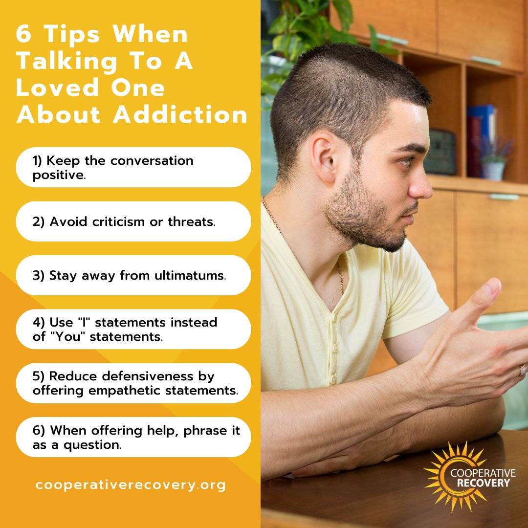 It can be difficult to find the right words when talking to loved ones about addiction. Here are some tips to keep in mind when you do have an opportunity to have that conversation. To understand more on addiction, check out our website cooperativerecovery.org
#recoveryispossible