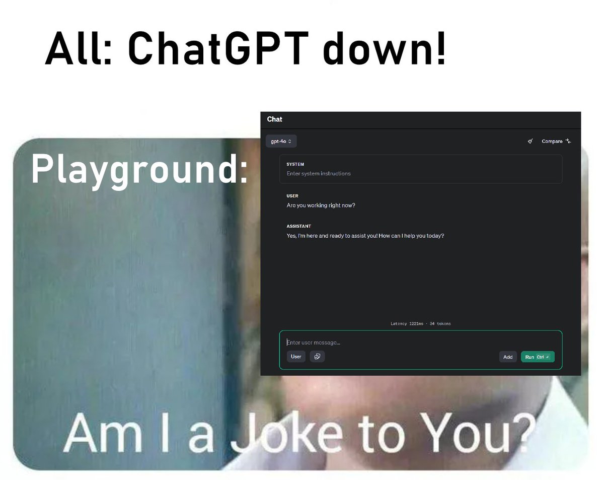 IlyaRice's tweet photo. Just use Playground
#ChatGPT #ChatGPTdown #OpenAI https://t.co/S2ePMoJTFM
