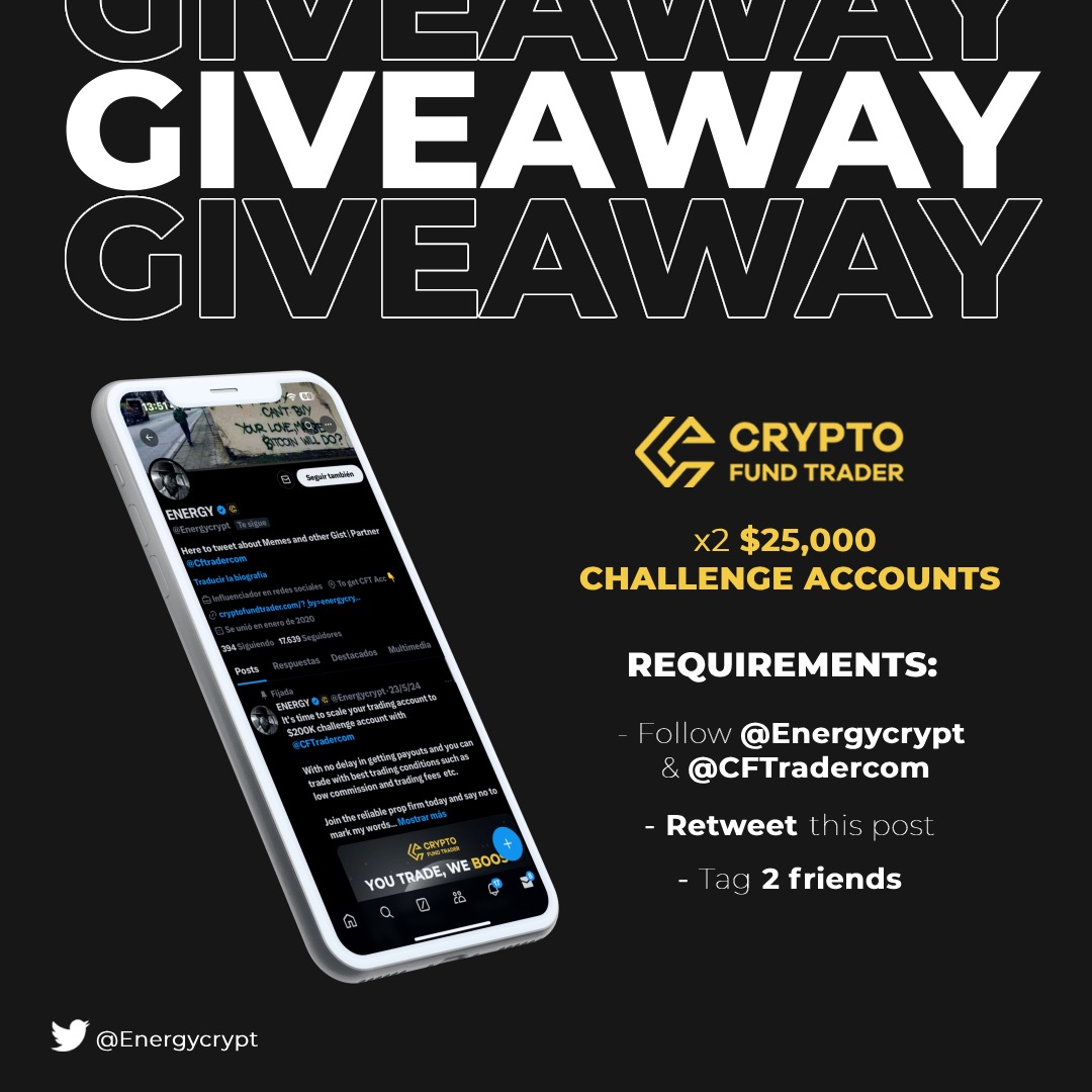 Energycrypt's tweet photo. "CFT NEWS"

2 X 25K challenge accounts to active followers 

- Follow @CFTradercom &amp; @MrDakoCFT 
               @Energycrypt 
- Like and Repost this 
- Tag 3 friends 

Enjoy 7% OFF ALL ACCOUNTS you get from @CFTradercom with the code "ENERGY8"

*ends in 3days https://t.co/MEWXW2P8Bd