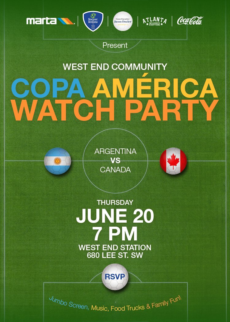⚽️🎉 Kick off the Copa América series with us at West End Station on Thurs., June 20 at 7 pm! Join our outdoor watch party in partnership with @SoccerStreets <a href="/District4ATL/">Atlanta City Council District 4</a> #AtlantaInfluencesEverything, &amp; <a href="/CocaCola/">Coca-Cola</a>. 
Get your FREE ticket @ bit.ly/3yLJH49.
