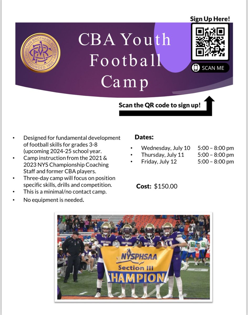 CBASyrFootball's tweet photo. CBA Youth Football Camp
July 10-12
5:00-8:00pm 
https://t.co/PMystikq2d https://t.co/AjxXjTVZUu