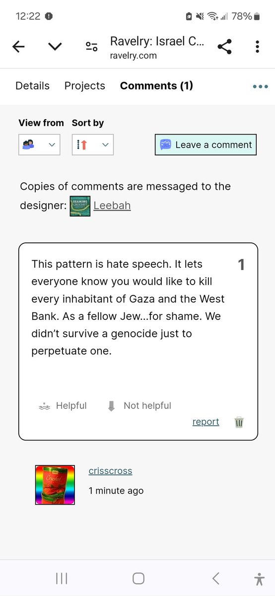 PoetryinYarn's tweet photo. Well that didn't take long. Posted my pattern on Ravelry Sunday. Accused of wanting to kill all Palestinians on Tuesday. Celebrating the existence of the only democracy in the Middle East is not advocating for genocide. https://t.co/EdAsedrJcJ
