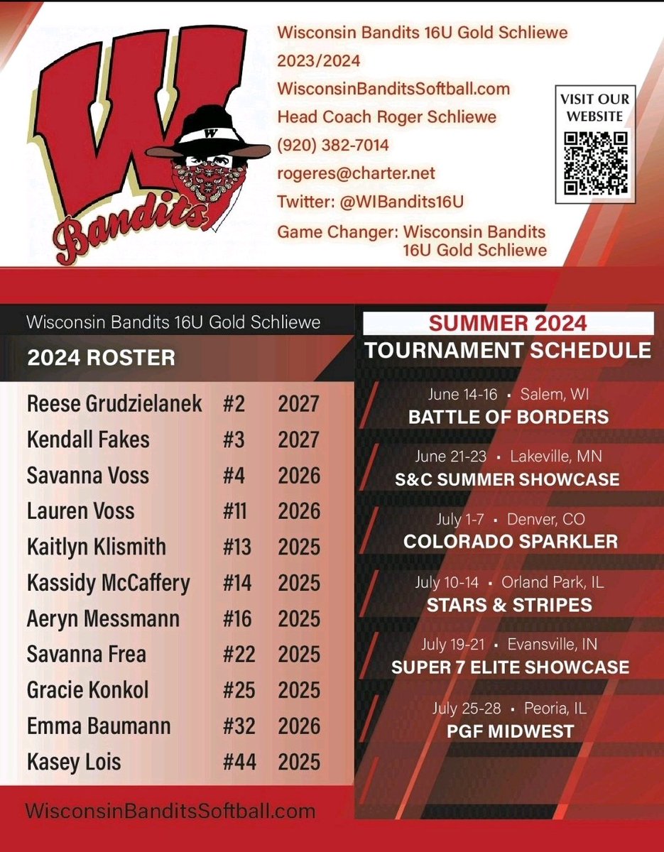 Our summer schedule is set.   Come check out these very talented and hard-working softballers!

<a href="/reesegrudz/">Reese Grudzielanek</a> <a href="/FakesKendall/">Kendall Fakes</a> <a href="/SavannaVoss2026/">Savanna Voss 2026</a> <a href="/LaurenVoss2026/">Lauren Voss 2026</a> <a href="/Kaitlynklismith/">Kaitlyn</a> <a href="/Kassidy_m24/">Kassidy McCaffery 2025</a> <a href="/Aerynmessmann/">Aeryn</a> @SavannaFrea2025 <a href="/GracieKonkol/">Gracie Konkol</a> <a href="/EmmaBaumann17/">Emma Baumann</a> <a href="/kaseylois44/">Kasey Lois 2025</a>
