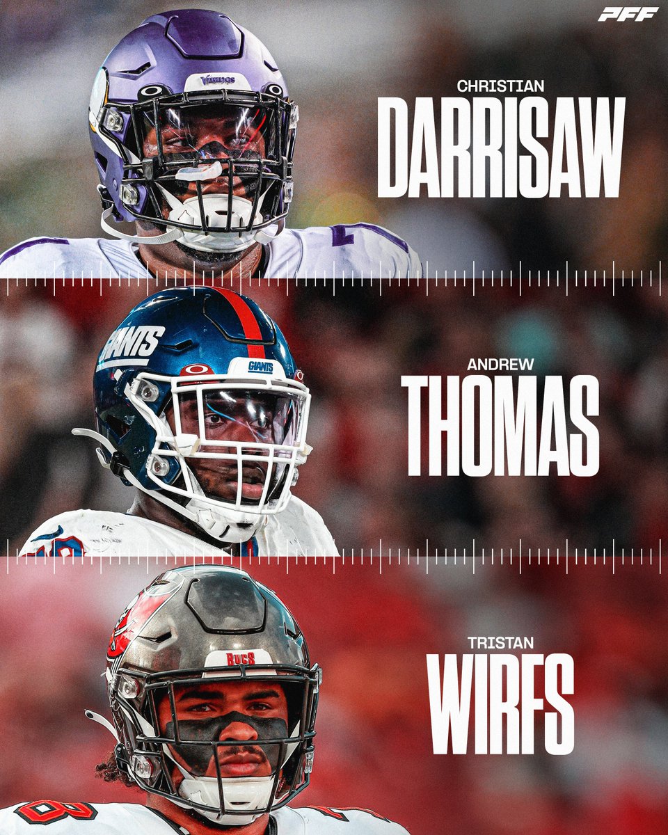 PFF's tweet image. Rank these three offensive tackles 🤔