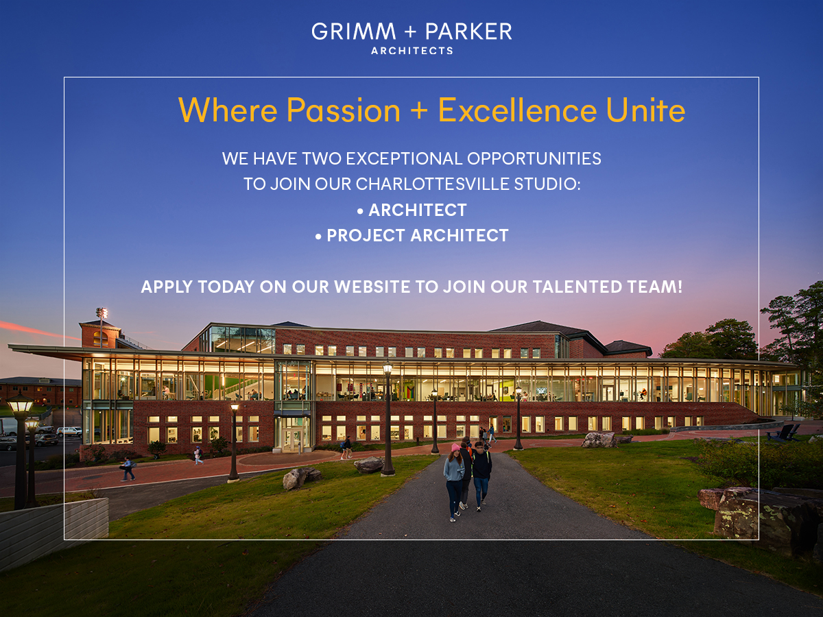 GPArchitects's tweet image. We have TWO exceptional opportunities to join our Charlottesville Studio, Architect and Project Architect (hybrid/flexible schedule available): grimmandparker.com/join-us #Architect #ProjectArchitect #CharlottesvilleJobs #DesignCareers #JoinOurTeam #Architecture #CareerOpportunity