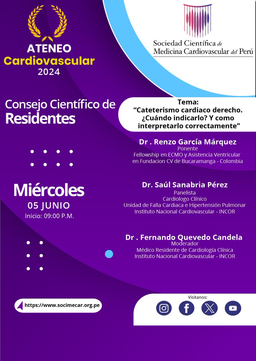 Presentamos nuestro sgte. webinar:
"Cateterismo cardiaco derecho. ¿Cuándo indicarlo? Y como interoretarlo correctamente", la cual se realizará:
🗓️Fecha: Miércoles 05/06/24
🕗Hora: 21 hrs.
📍Modalidad: Virtual
La transmisión se realizará en nuestros canales de Youtube y Facebook.