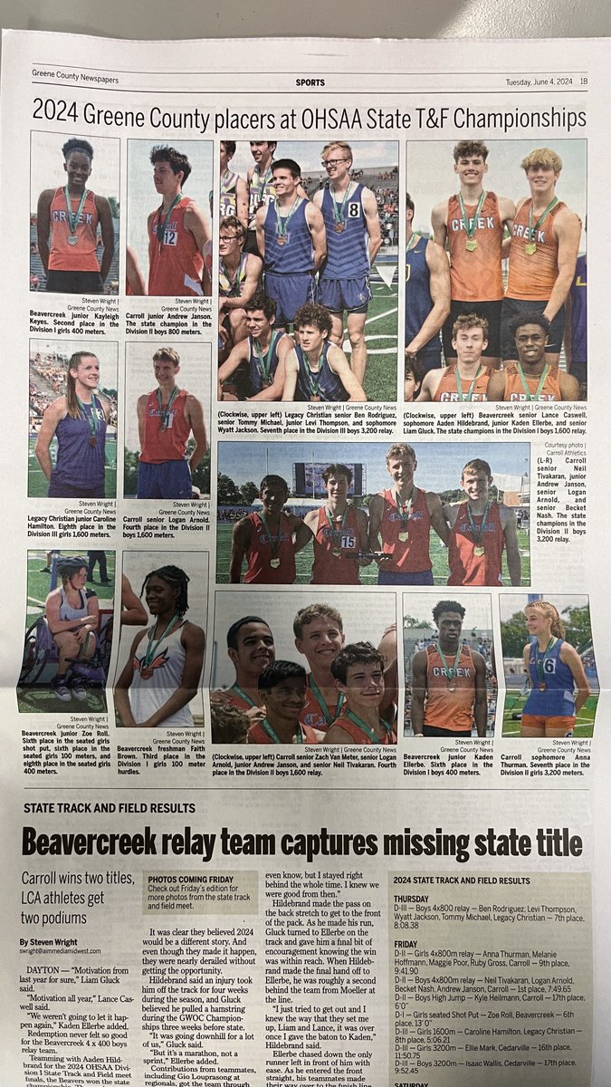 Steven Wright (@steven_wright_) on Twitter photo Getting all of the Greene County podium finishers from the state track and field meet into the paper is one of my favorite issues each year. <a href="/bcreekathletics/">BCreek Athletics</a> <a href="/CarrollAthDept/">Carroll Athletics</a> <a href="/KnightsofLCA/">LCA Athletics</a> Getting all of the Greene County podium finishers from the state track and field meet into the paper is one of my favorite issues each year. <a href="/bcreekathletics/">BCreek Athletics</a> <a href="/CarrollAthDept/">Carroll Athletics</a> <a href="/KnightsofLCA/">LCA Athletics</a>