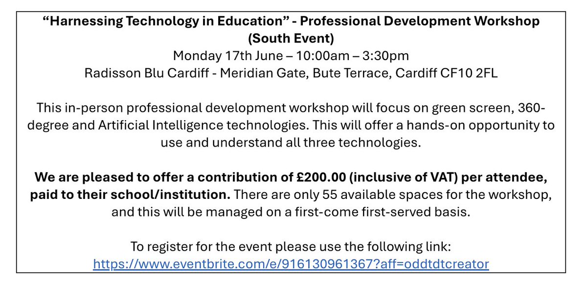 👀FREE in person CPD for educators...

Professional development focusing on using AI, VR, immersive technology and green screens in the classroom. Register using the link below. Last spaces remaining in the South event, sign up today 

👨‍💻👩‍💻📱📲📳📶💭

eventbrite.com/e/916130961367…