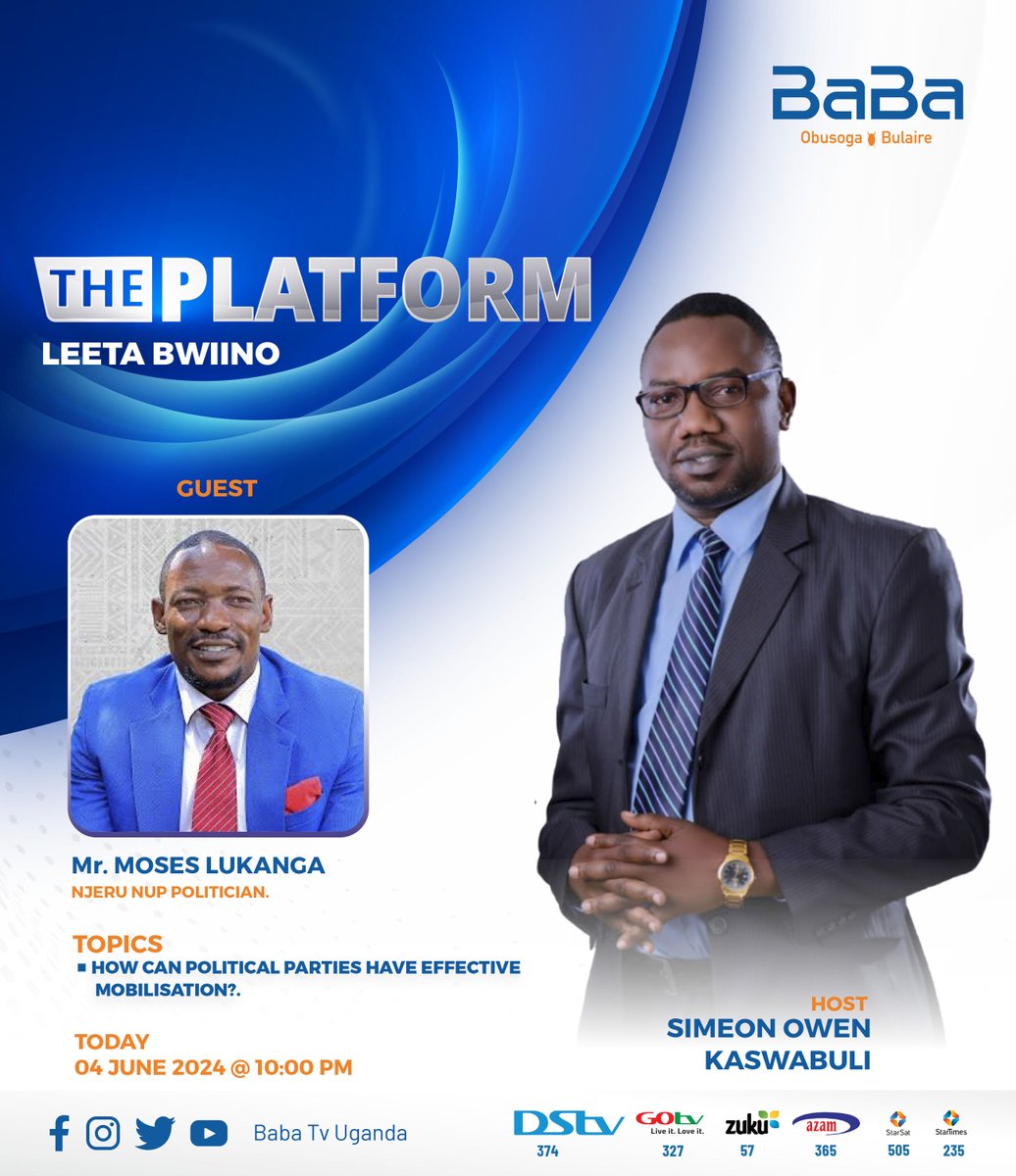 babatvuganda's tweet photo. TUNE IN TONYT IN #THE_PLATFORM LIVE
#BabaTVUpdates #THE_PLATFORM Follow Baba Television Uganda for more. https://t.co/kf7JKKzfQd