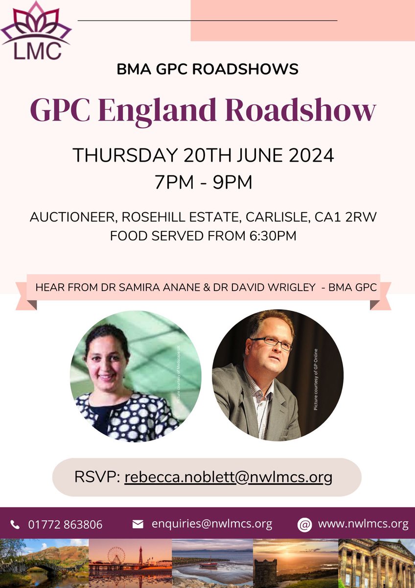 Dr Ellen Welch (@wanderingwelch) on Twitter photo 📢Calling Cumbrian GPs!
Come to hear from <a href="/Sammyyrra/">Dr Samira Anane</a> & <a href="/DavidGWrigley/">Dr David Wrigley</a> <a href="/BMA_GP/">General Practice</a> <a href="/nwlmcs/">Lancs & Cumbria LMCs</a>
This is for all GPs not just partners - it’s about the future of the profession
Hear about phase one of GP action & Listen to expert opinion on the risks associated 📢Calling Cumbrian GPs!
Come to hear from <a href="/Sammyyrra/">Dr Samira Anane</a> & <a href="/DavidGWrigley/">Dr David Wrigley</a> <a href="/BMA_GP/">General Practice</a> <a href="/nwlmcs/">Lancs & Cumbria LMCs</a>
This is for all GPs not just partners - it’s about the future of the profession
Hear about phase one of GP action & Listen to expert opinion on the risks associated