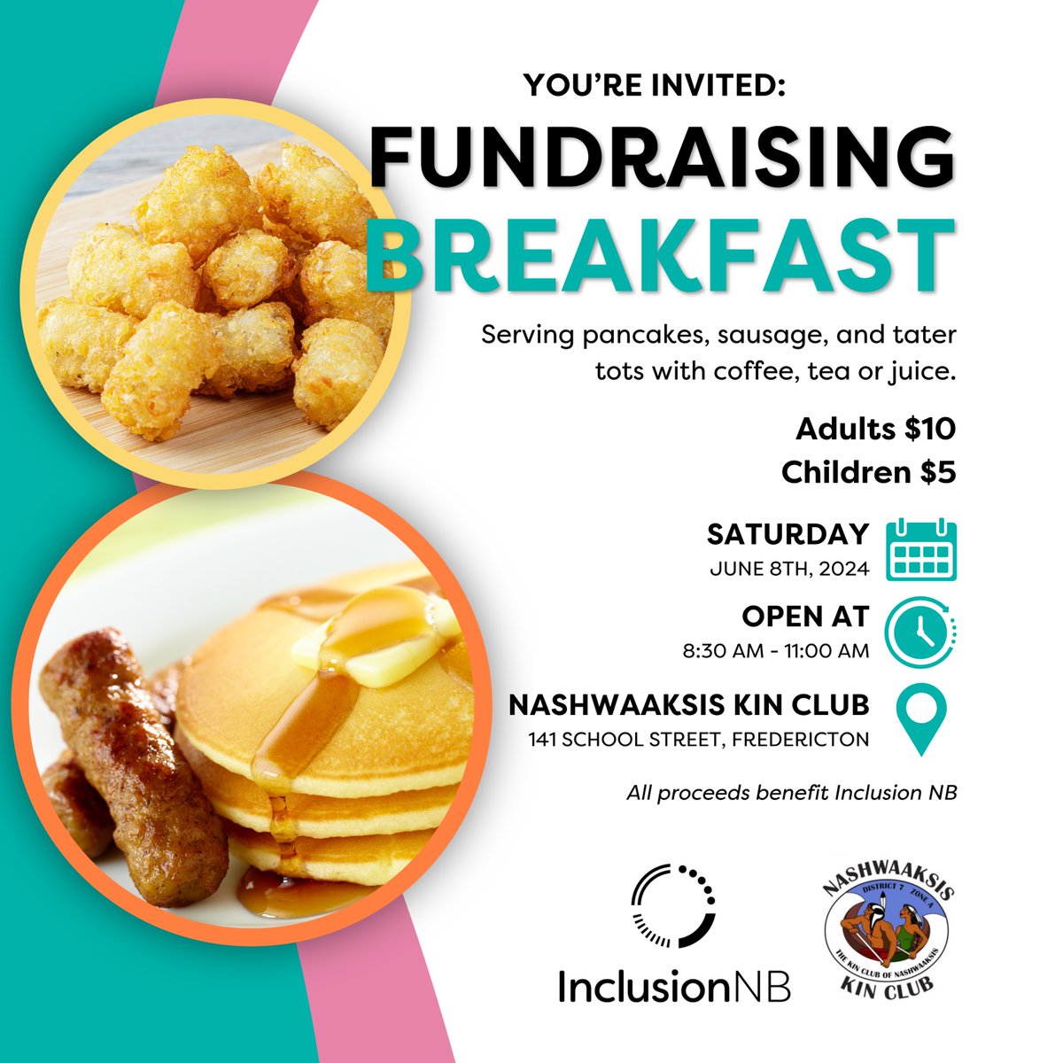 InclusionNB's tweet photo. 🥞YOU'RE INVITED TO our FUNDRAISING BREAKFAST hosted by the Nashwaaksis Kin Club🥞 THIS Saturday, June 8th from 8:30 am to 11:00 am at the Nashwaaksis Kin Centre, 141 School Street, Fredericton. Adults $10; Children $5. We hope to see you there! https://t.co/Ynry994zl6