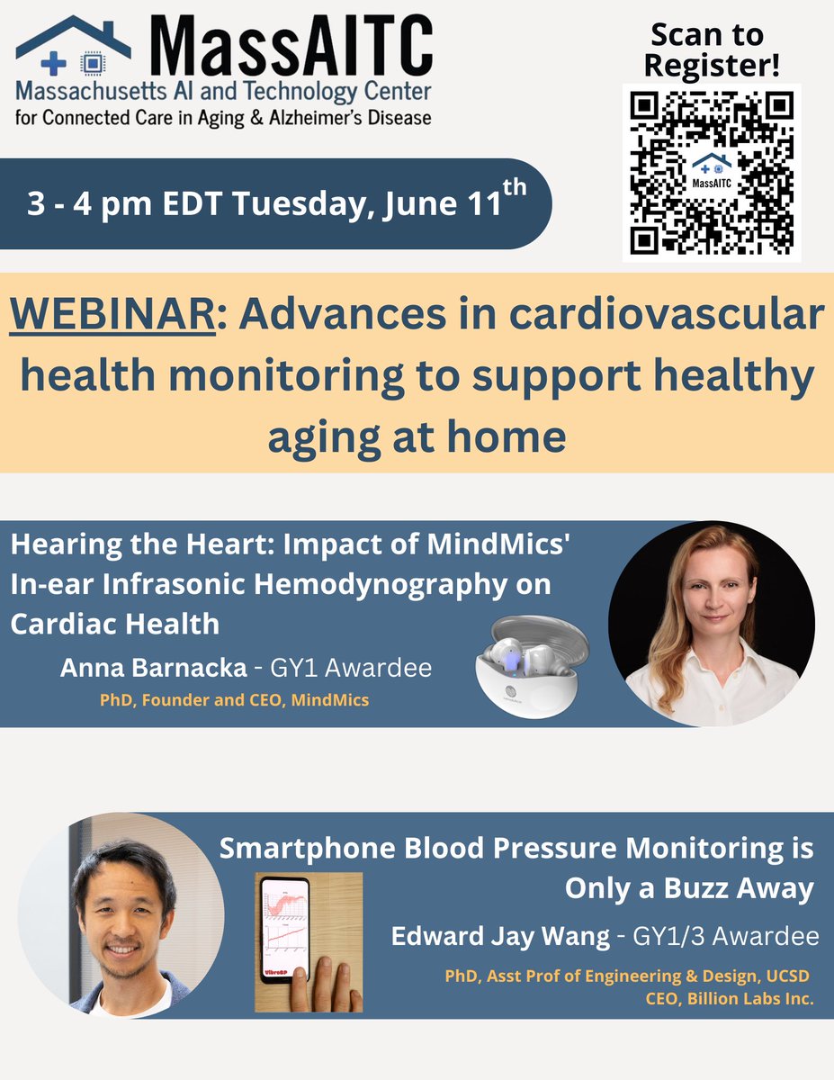 Reminder in 1 week,  join us for  “Advances in Cardiovascular Health Monitoring to Support Healthy Aging at Home” 
🗓️June 11, 3pm EDT 
🔗Register: bit.ly/3WOW5dn 
FEATURING! <a href="/AnnaBarnacka/">Dr. Anna Barnacka</a>, CEO of <a href="/MindMics/">MindMics</a> <a href="/ejaywang/">Edward J Wang</a>, CEO of <a href="/BillionLabsInc/">Billion Labs</a> | Asst Prof <a href="/UCSDJacobs/">UCSD Engineering</a>