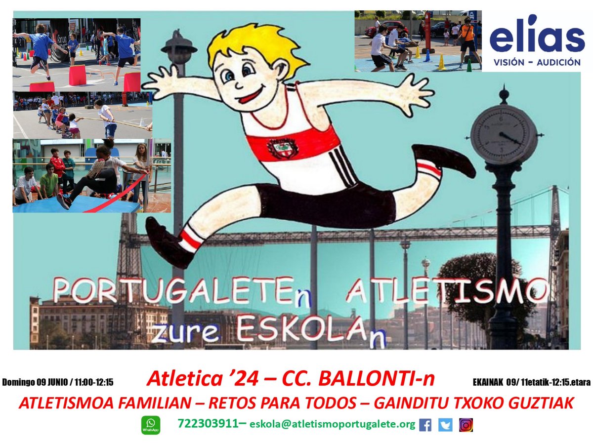 Si te gusta correr más rápido, saltar el que más y lanzar un objeto lejos, muy lejos TE GUSTA EL ATLETISMO
Ven este domingo 9 a conocernos al CC Ballonti.
Tendrás muchos retos de Atletismo y Herri Kirolak que superar en familia! <a href="/CCBallonti/">CC Ballonti</a> <a href="/Eliasvision1/">Eliasvision</a> <a href="/smiportu/">LaMennaisSantaMaria</a> <a href="/PortugaleteON/">PortugaleteON</a>