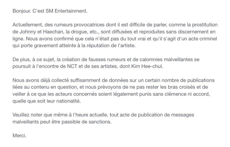 NCTFR's tweet photo. 🚨 SM a publié un avis concernant les rumeurs de #JOHNNY et #HAECHAN

SM PROTECT HAECHAN AND JOHNNY
#PROTECTHAECHAN
#PROTECTJOHNNY
@SMTOWNGLOBAL https://t.co/MAHFIndH61