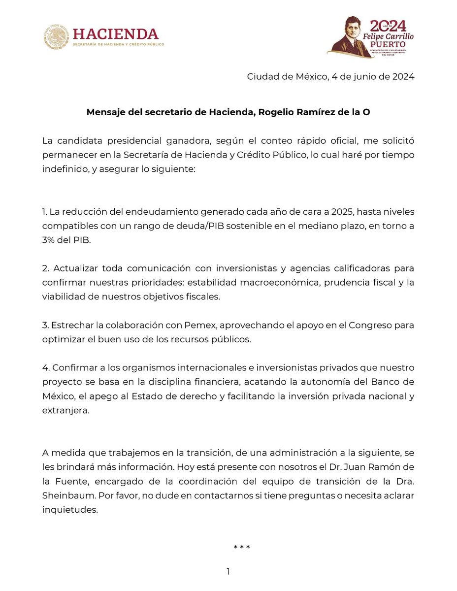 Mensaje del secretario de Hacienda, Rogelio Ramírez de la O.