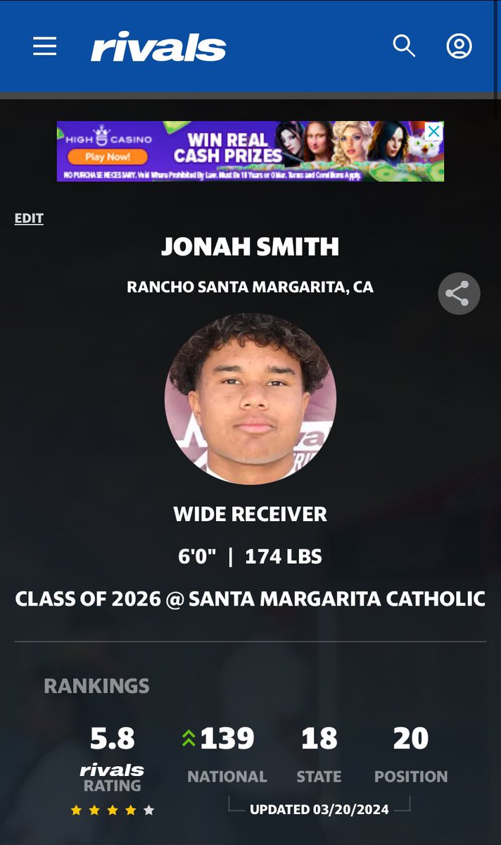 Tracy_McDannald's tweet photo. In the Rivals250 update for the 2026 class that was just updated, UCLA commit and Rancho Santa Margarita (Calif.) Santa Margarita Catholic four-star WR Jonah Smith moved up a spot to 139th nationally https://t.co/rYSvkcQDW5