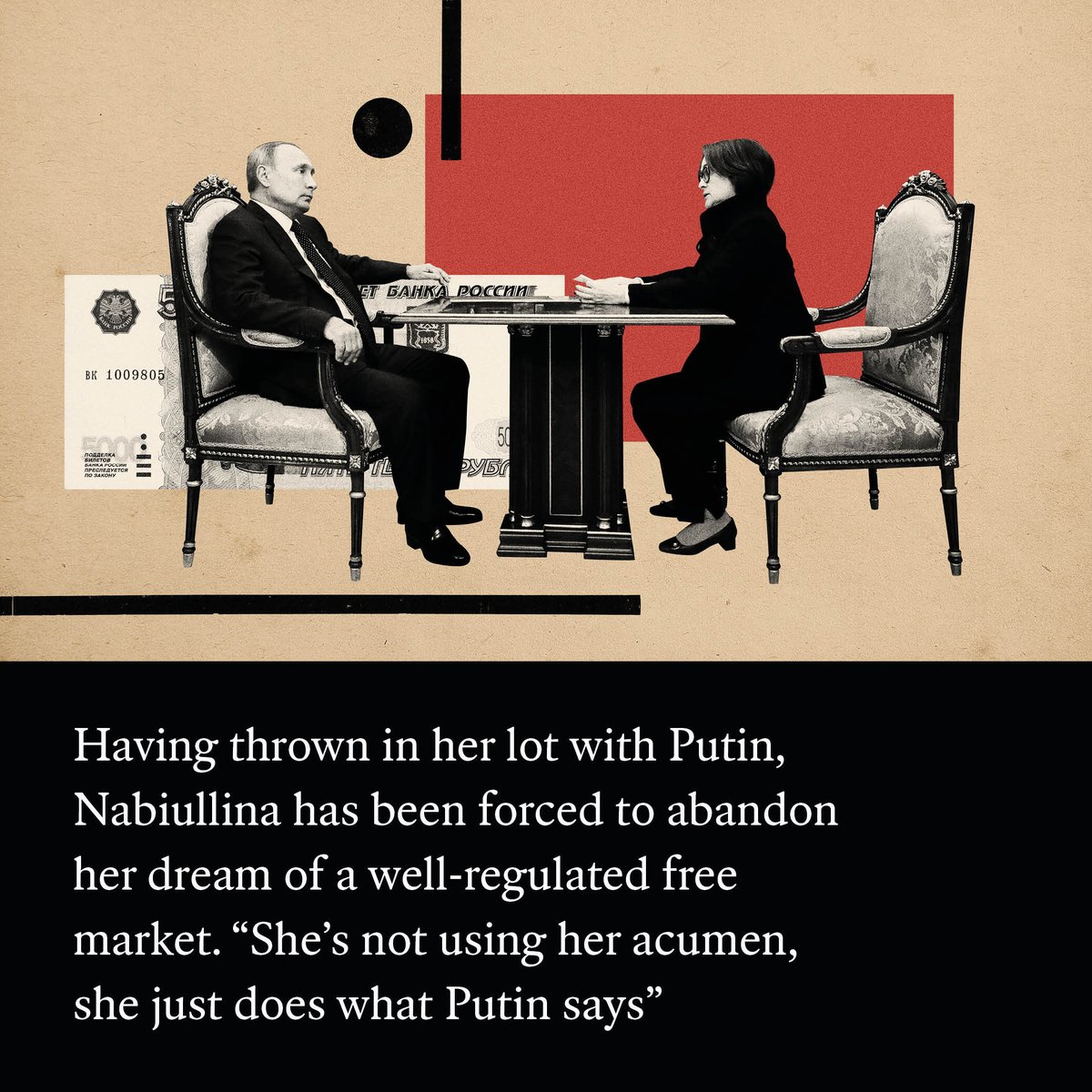 TheEconomist's tweet photo. As governor of Russia’s central bank, Elvira Nabiullina put liberal economic theory into practice. Now, she’s maintaining Putin’s war machine—but how long can she keep things afloat? From 1843 magazine https://t.co/8FizKJREpz

Illustrations: Ewelina Karpowiak