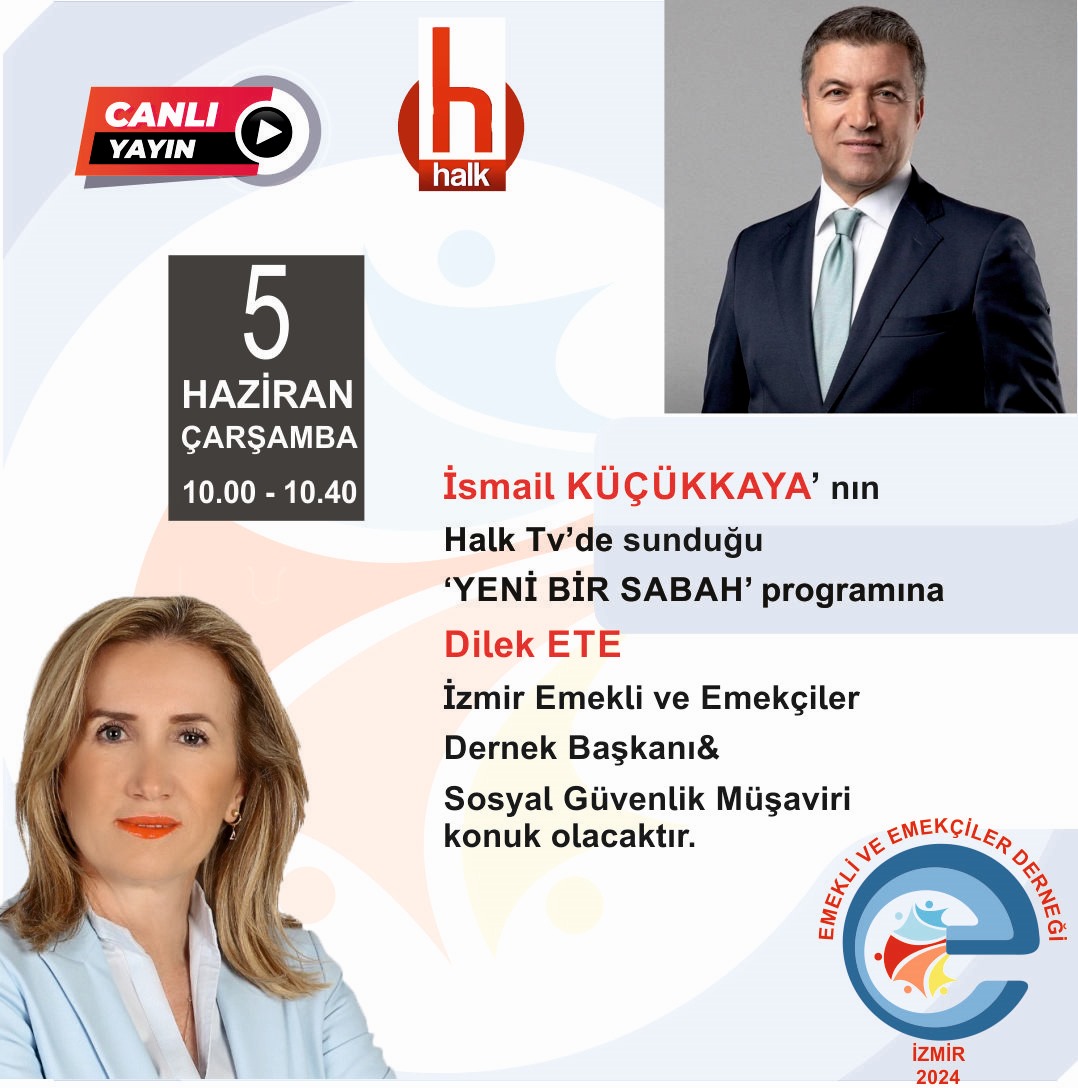 05 Haziran Çarşamba günü, Saat:10.00- 10.40 arası @halktvcomtr ekranlarında @KucukkayaIsmail ‘in konuğu İzmir Emekli ve Emekçiler Derneği Başkanımız @dileketesgk olacaktır. İzlemeniz dileğiyle... @EmedFederasyonu @gonulborann #EmekliVeEmekçilerDernekleriFederasyonu