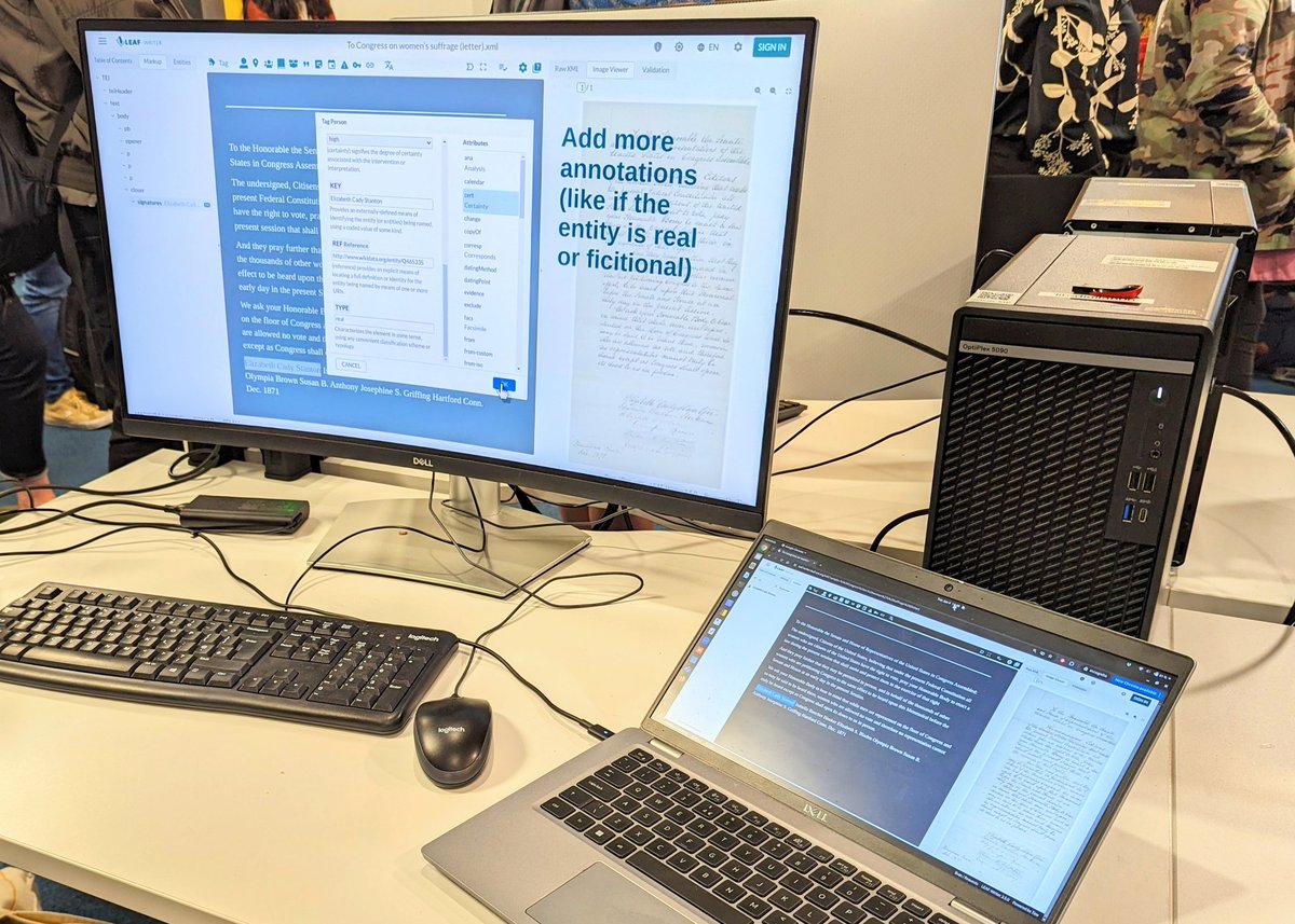 LEAF_VRE's tweet photo. At @UKIE_DH annual meeting in Cork. @jamescummings demos free TEI+RDF online browser-based editor: https://t.co/JxzJpWyhxd to lots of interest, especially for easily marking named entities as LOD, collaborative GitHub integration, HTR workflows, and publication mechanisms. https://t.co/ehbNarNIqP