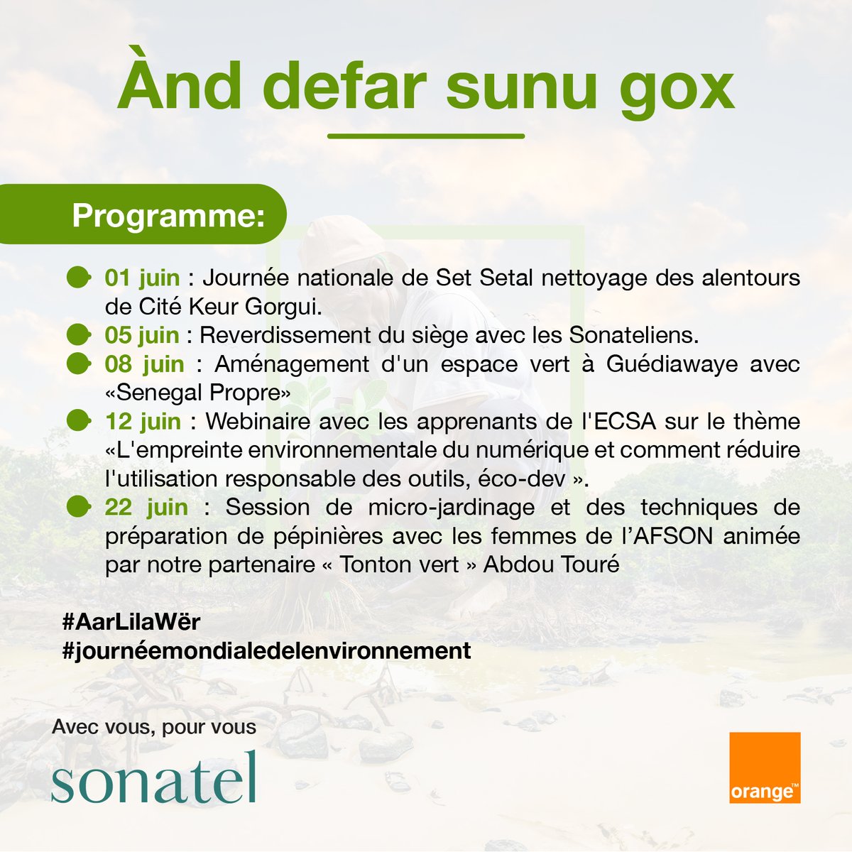 À Sonatel, nous croyons fermement que chaque geste compte pour préserver notre environnement.
C’est pourquoi à l’occasion du mois de l’environnement, nous organisons avec nos salariés une série d’activités « vertes » pour contribuer à la préservation de l’environnement.