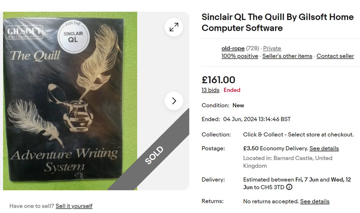 This extremely rare copy of the QL version of GIlsoft's The Quill went for £161 in the end. Hopefully it's gone to a good home where it can get archived for the community.