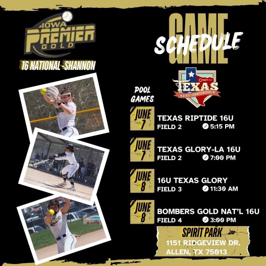 Iowa Premier Fastpitch (@iowapremierfp) on Twitter photo Iowa Premier 16U National-Shannon kick off its Summer Season <a href="/TCSFastpitch/">TC Fastpitch</a> Texas Championships in Dallas this weekend! <a href="/NCAASoftball/">NCAA Softball</a> Coaches come check out some of the BEST uncommitted 16U
athletes in the Country!! 👇
#IPFLIFE💛🖤💛🖤💛🖤💛🖤 Iowa Premier 16U National-Shannon kick off its Summer Season <a href="/TCSFastpitch/">TC Fastpitch</a> Texas Championships in Dallas this weekend! <a href="/NCAASoftball/">NCAA Softball</a> Coaches come check out some of the BEST uncommitted 16U
athletes in the Country!! 👇
#IPFLIFE💛🖤💛🖤💛🖤💛🖤