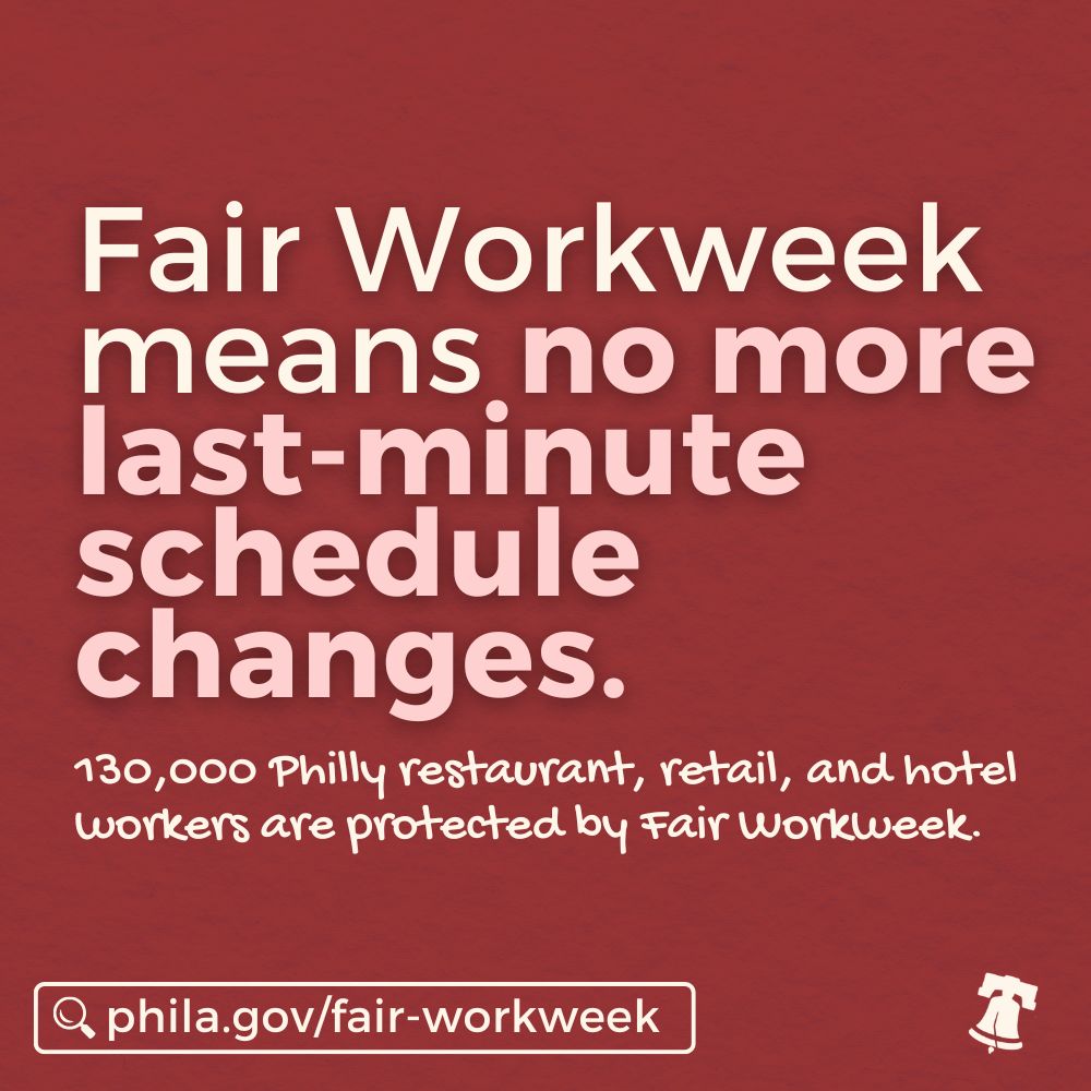LaborPHL's tweet photo. Last-minute schedule changes disrupt your work life and your personal life. Philadelphia’s Fair Workweek guarantees more predictable schedules for over a hundred thousand Philly workers.

Are you covered? Learn more at:  https://t.co/kN0it3X0WT https://t.co/AWXAxFDJEM