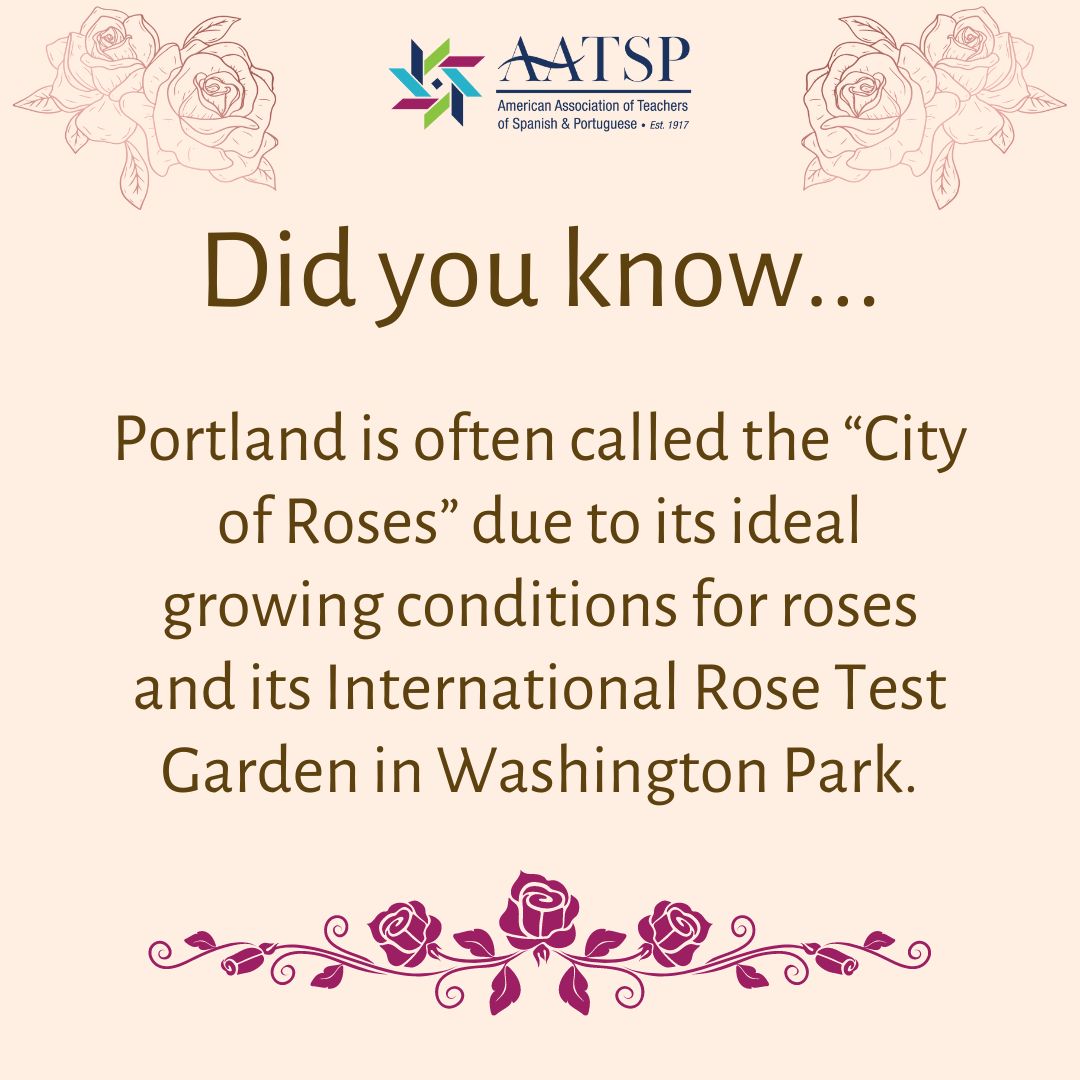 Did you know...
Portland is often called the "City of Roses" due to its ideal growing conditions for roses and its International Rose Test Garden in Washington Park. 
Interesting in visiting Portland for the AATSP Conference? Learn more by using the link:
buff.ly/3tIj8de