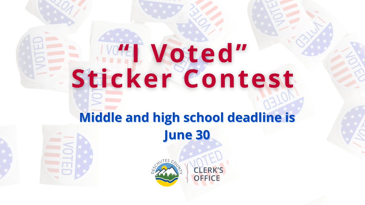 DeschutesCounty's tweet photo. The Deschutes County Clerk’s Office invites local middle and high school students to enter the 2024 “I Voted” Sticker Contest before the June 30 contest deadline.

Contest rules and entry form can be found on the County Clerk’s website or by clicking here: https://t.co/25p0i1LyMr https://t.co/zme1Q1RFID