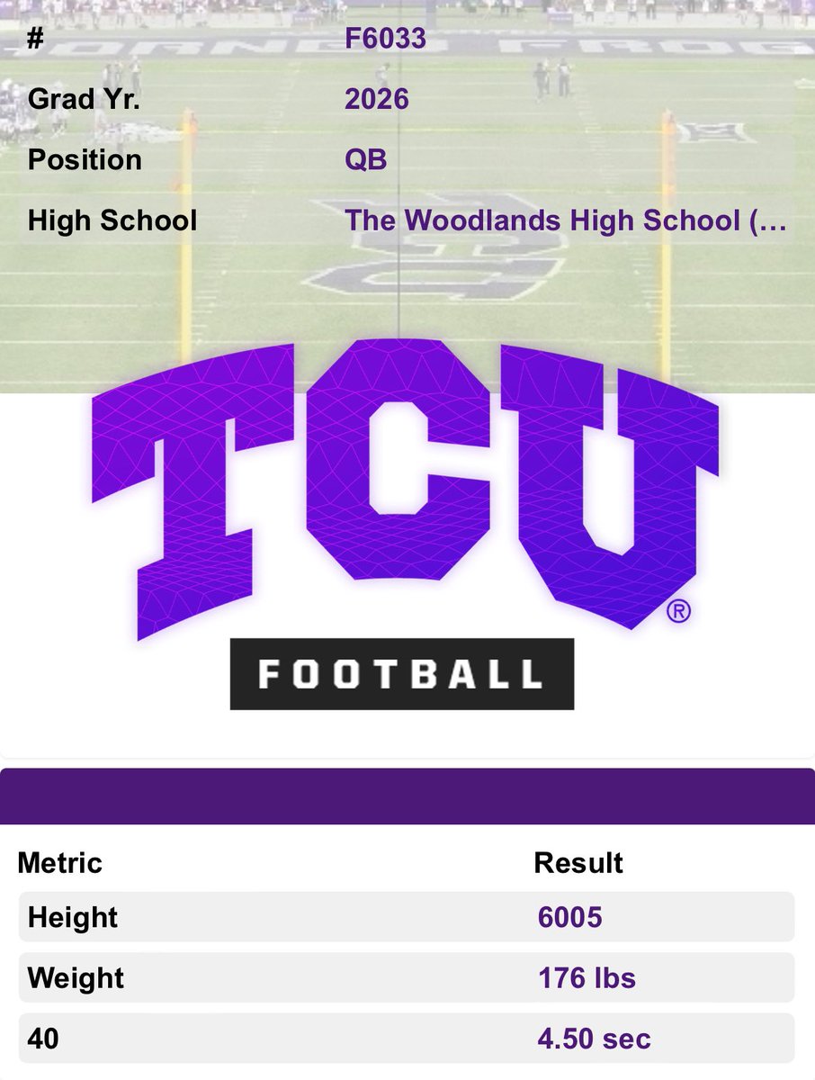 jackdaulton12's tweet photo. Had a great time at the @TCUFootball Mega Camp this weekend! Thank you @CoachSonnyDykes &amp; @kendalbriles, clocked a 4.5 40 yard dash and had fun throwing the ball around! https://t.co/ARL7vZizTD