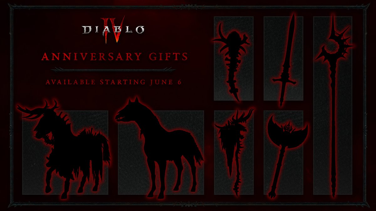 Your dark gifts await 🎁💀

Celebrate the #DiabloIV Anniversary and claim your in-game items from June 6 - 20.

Details here: blizz.ly/456gUmD