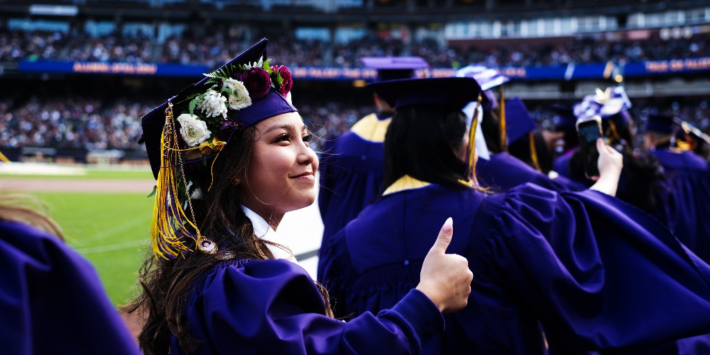 SFSU's tweet photo. Watch the full SF State Commencement ceremony on YouTube and experience the joy again! https://t.co/lnWkWbLMA0 #SFSU2024 🎓 💜 💛 https://t.co/b4RHTFq24a