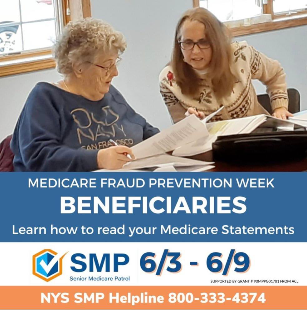 Medicare beneficiaries, remember the three steps from the SMP! 

Prevent: Open and read your Medicare statements.

Detect: Look for things like double charges or services you don’t recognize.

Report: Contact the NYS SMP at 800-333-4374 for questions or concerns.

#MFPW