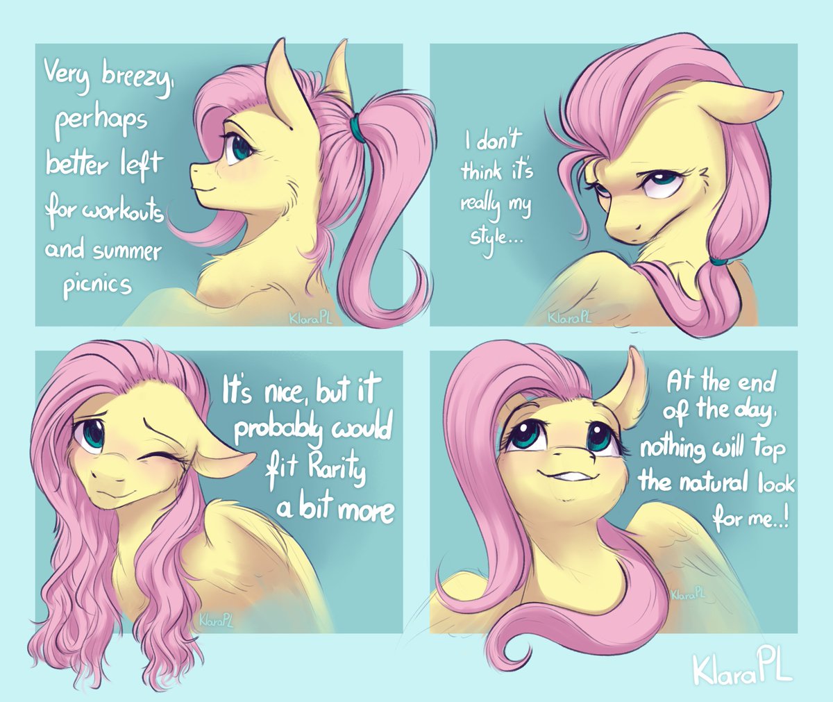 Klara_Art's tweet image. Fluttershy tries different hairstyles! 🦋✨