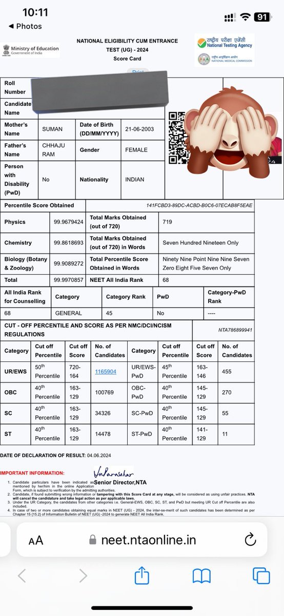 Doctor__Safe's tweet photo. Candidates are scoring 
★718 /720
★719/720
Can this possible with negative marking criteria of @NTA_Exams ?
         Any clarification? 
#NEET #medtwitter 
#neet #neetug https://t.co/xrXzB8zd8u