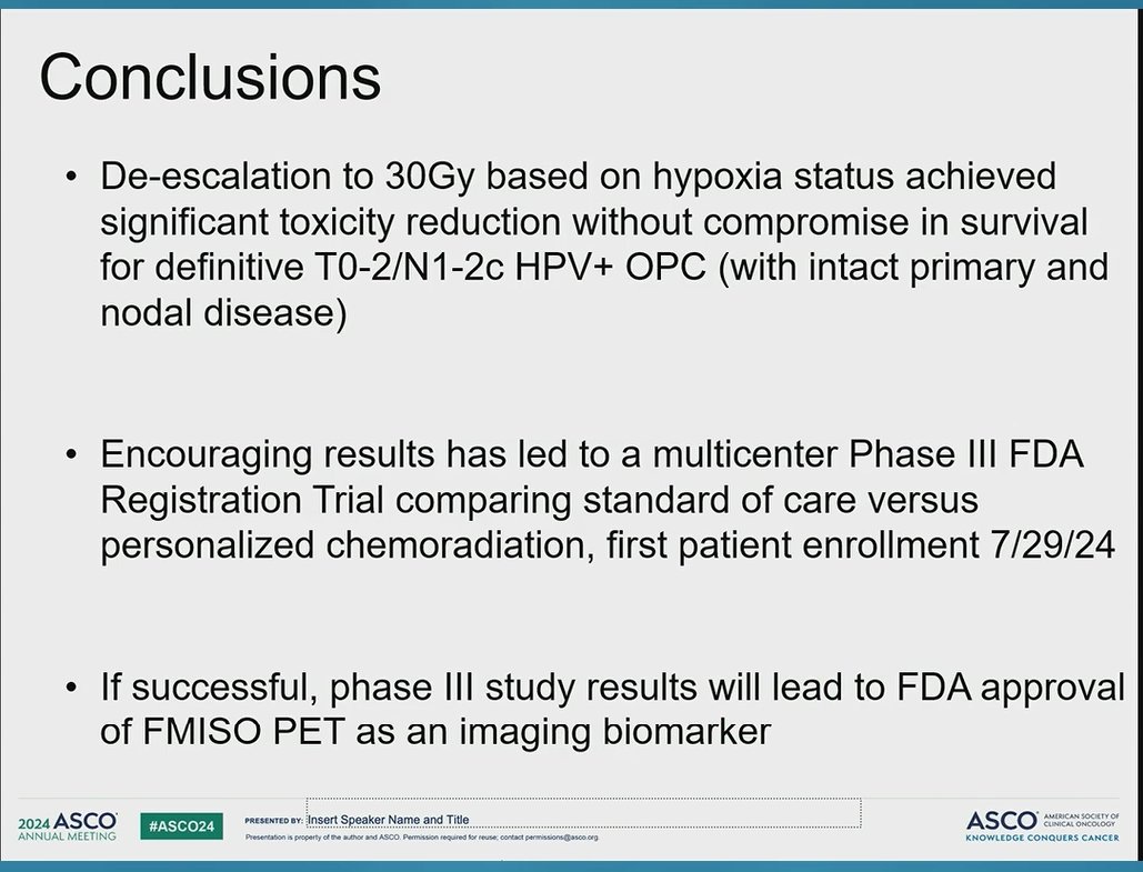 C. Jillian Tsai, MD, PhD (@cjtsaimdphd) on Twitter photo 🚨📢Happening now - HN oral abstracts #ASCO24‼️
PRACTICE CHANGING trial of hypoxia directed major radiation de-escalation as definitive treatment for HPV+OPC by <a href="/imrtlee/">Nancy Lee</a> <a href="/MSK_RadOnc/">Memorial Sloan Kettering Radiation Oncology</a> <a href="/MSKCancerCenter/">Memorial Sloan Kettering Cancer Center</a>, showing that 30Gy+Chemo is sufficient for cure, with > 500 pts treated so far. 🚨📢Happening now - HN oral abstracts #ASCO24‼️
PRACTICE CHANGING trial of hypoxia directed major radiation de-escalation as definitive treatment for HPV+OPC by <a href="/imrtlee/">Nancy Lee</a> <a href="/MSK_RadOnc/">Memorial Sloan Kettering Radiation Oncology</a> <a href="/MSKCancerCenter/">Memorial Sloan Kettering Cancer Center</a>, showing that 30Gy+Chemo is sufficient for cure, with > 500 pts treated so far.