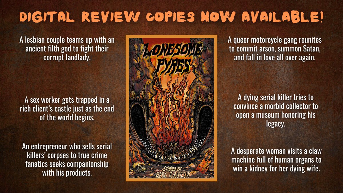If you like weird, gross horror that walks the line between fun and feel-bad, request a review copy of my collection, Lonesome Pyres, coming out this summer through @OffLimitsPress. Request form: forms.gle/eE4FBVi8EttB6D…